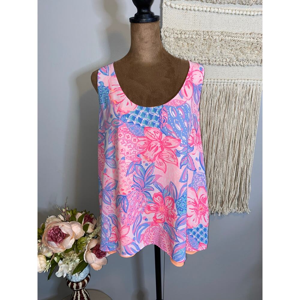 Lilly Pulitzer XL Pink Turtle Floral Sleeveless Scoop Neck Lined Tropical Top
